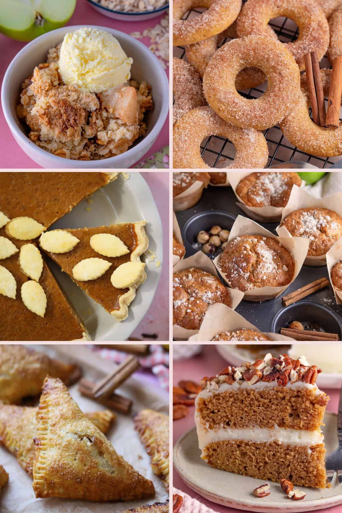 A collage of gluten free bakes including muffins, pie, donuts, crumble and turnovers.