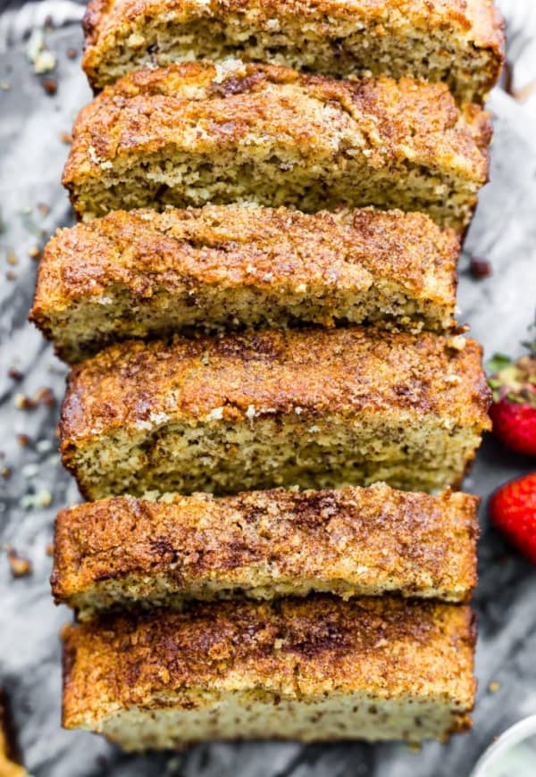 Gluten-Free Cinnamon Almond Flour Bread sliced on a marble board.