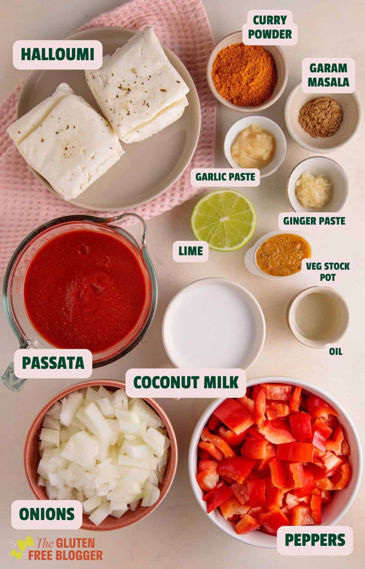 Ingredients for halloumi curry with text labels.