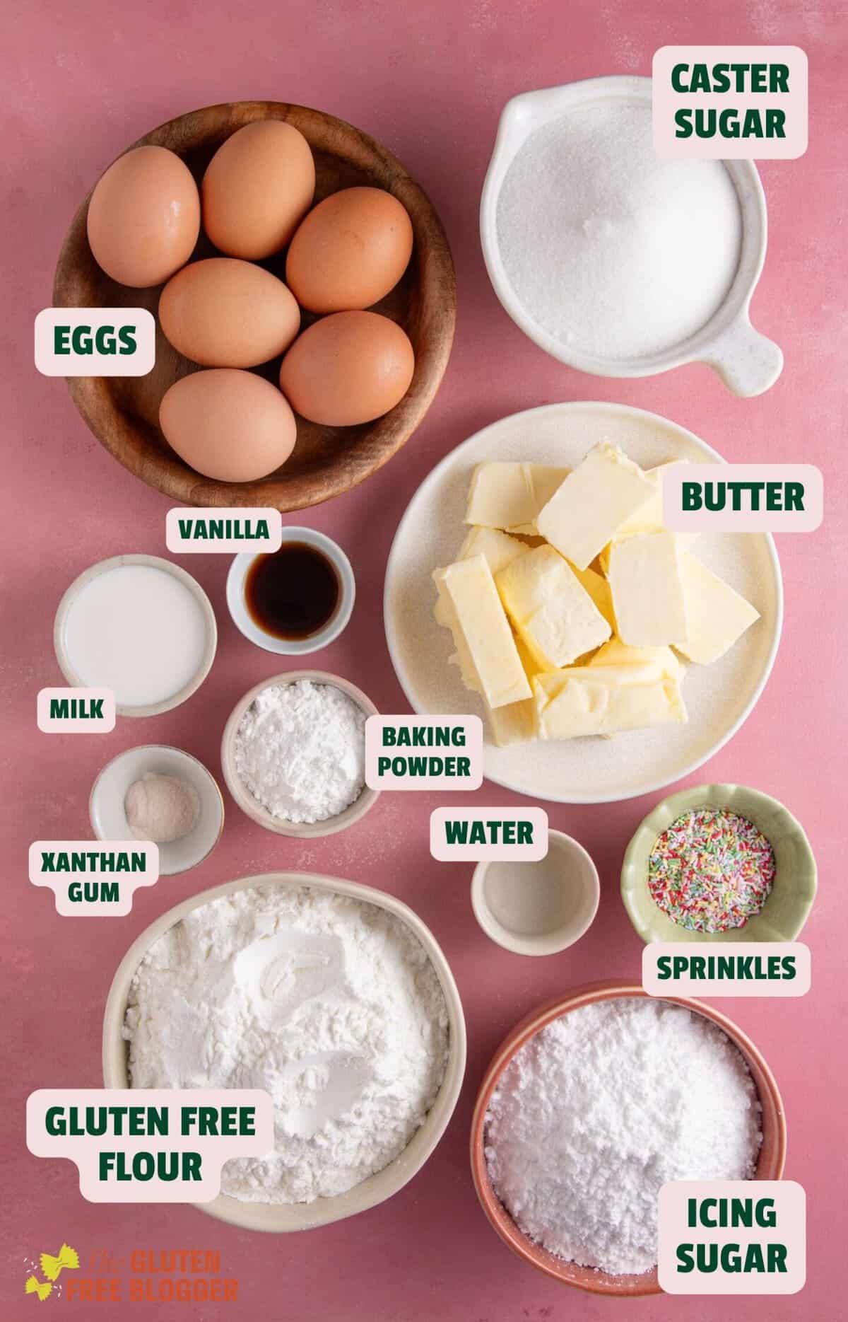 Ingredients for gluten free school dinner cake with text labels.