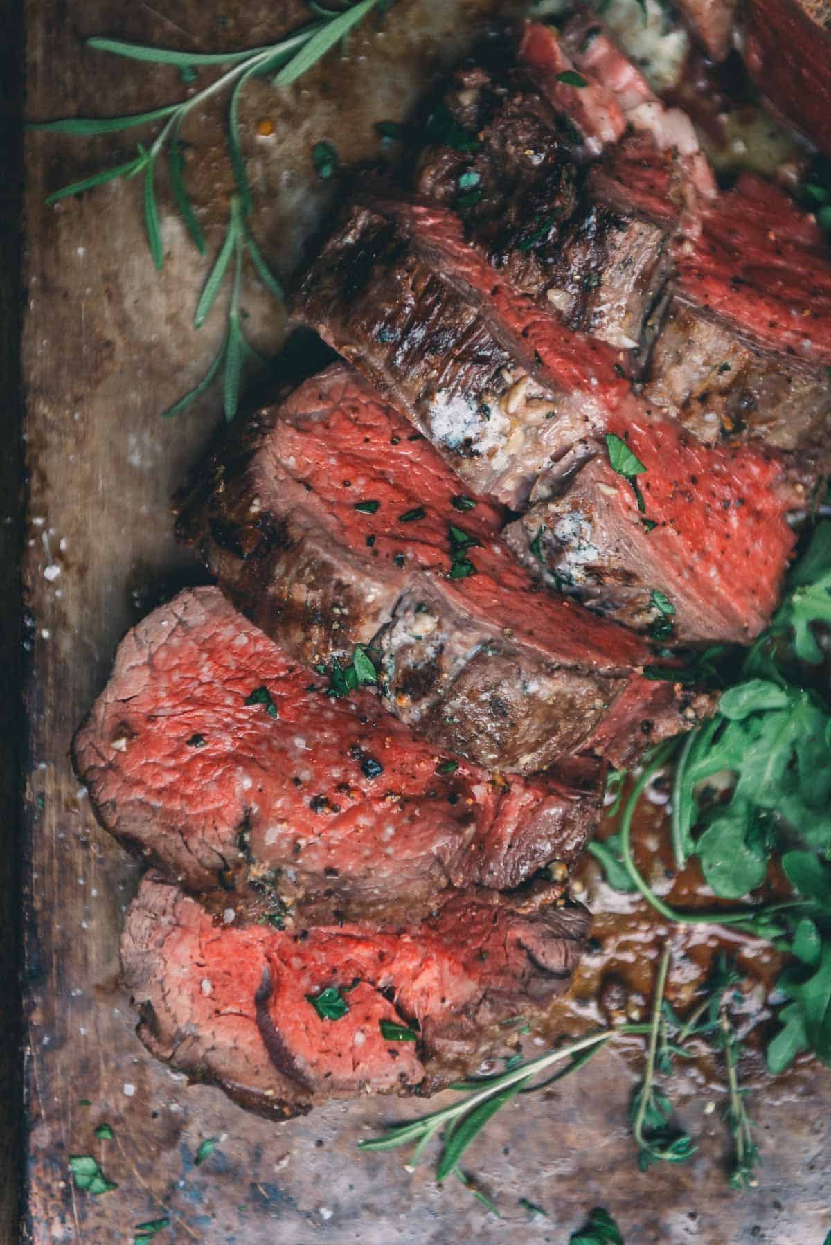 Overhead shot of sliced grilled tenderloin.