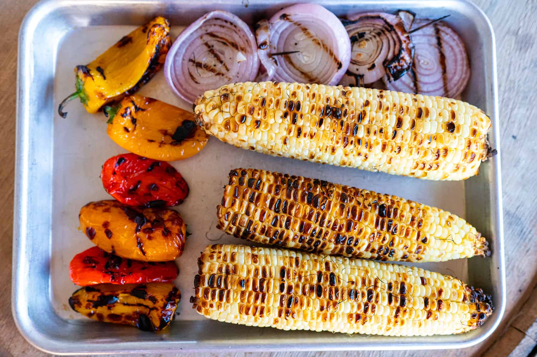 Grilled corn, peppers and onions.