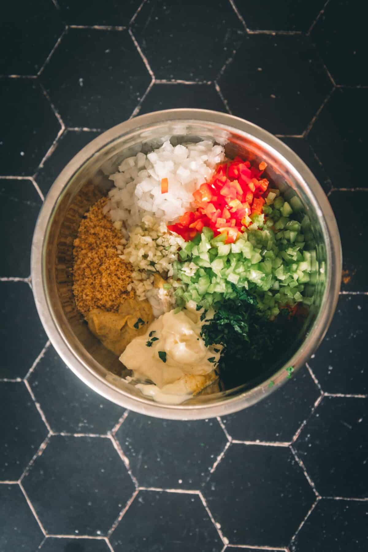 Bowl with ingredients in it.