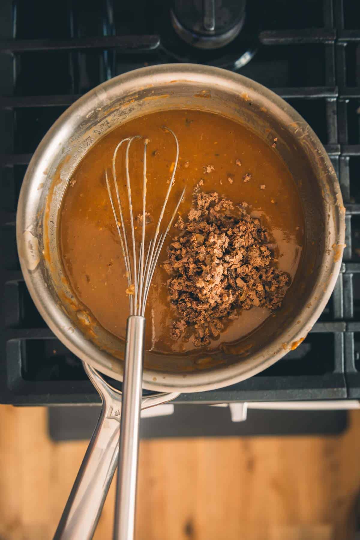 Chopped giblets returned to the smooth gravy in the pot.