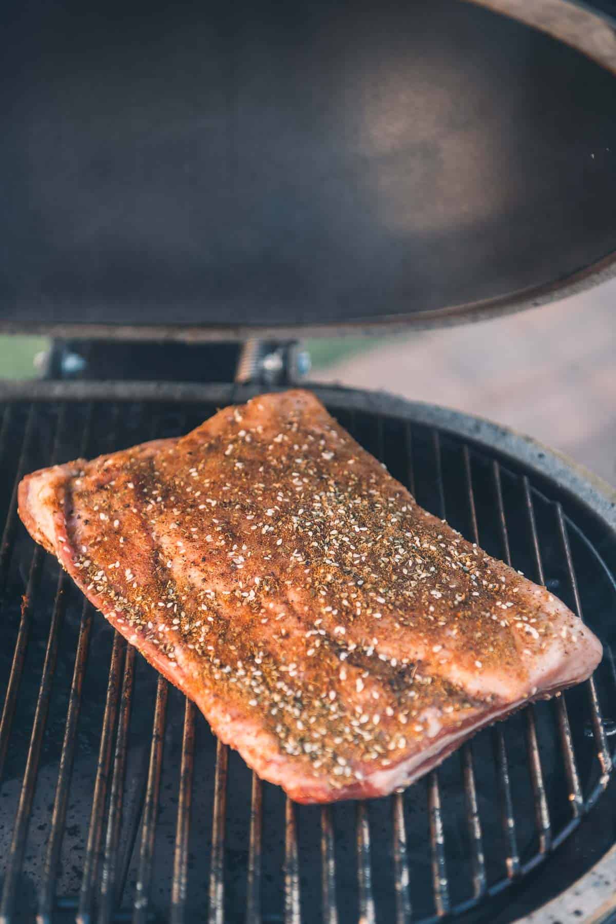 Lamb ribs, bone side down on the grill.