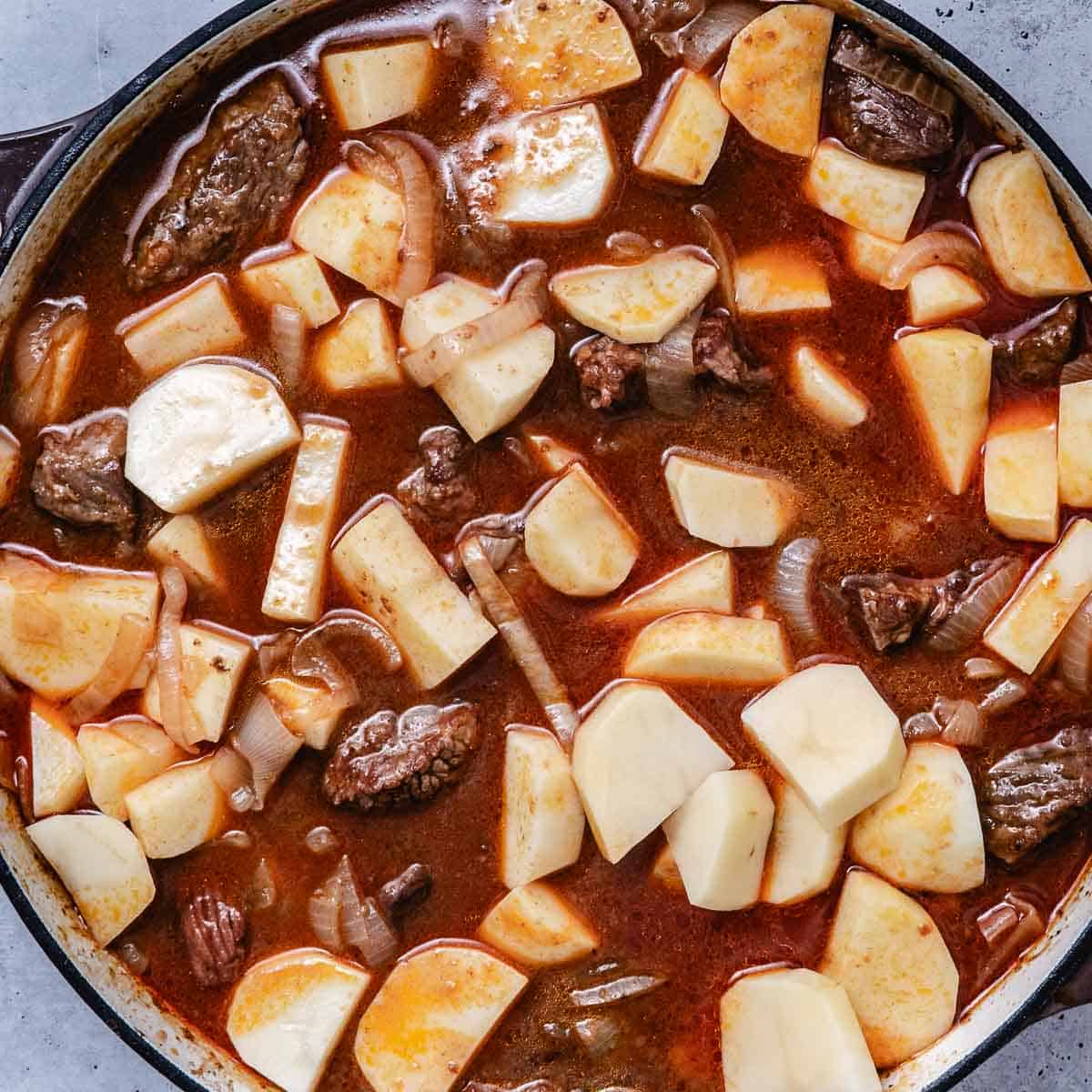 Potatoes added to Hungarian beef goulash