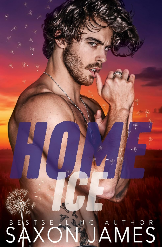 Home Ice by Saxon James. A shirtless dude standing in profile. He has very poofy hair and is biting his thumb. Dandelion fluff is swirling around him.