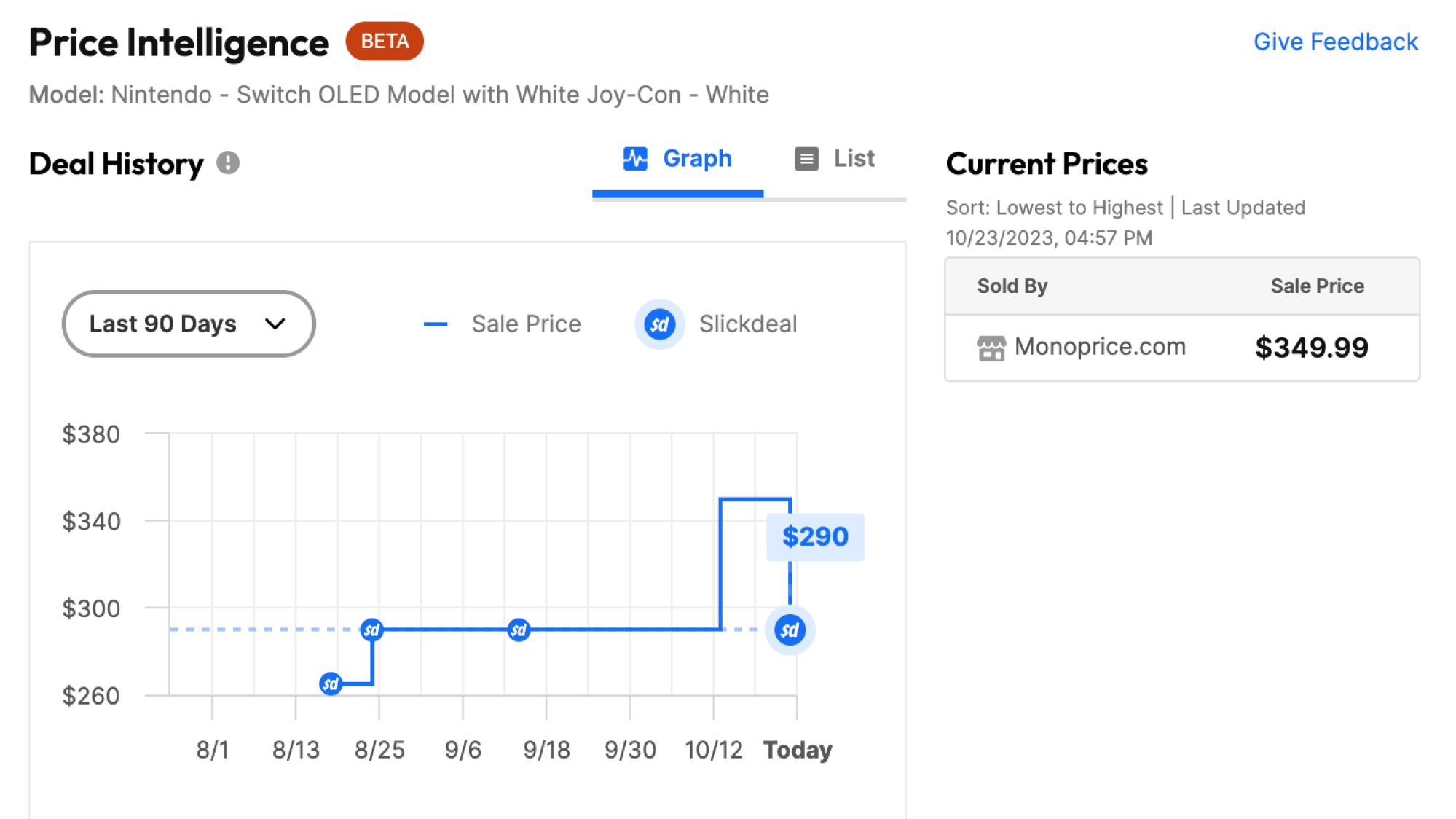 Price history from SlickDeals for Nintendo Switch OLED