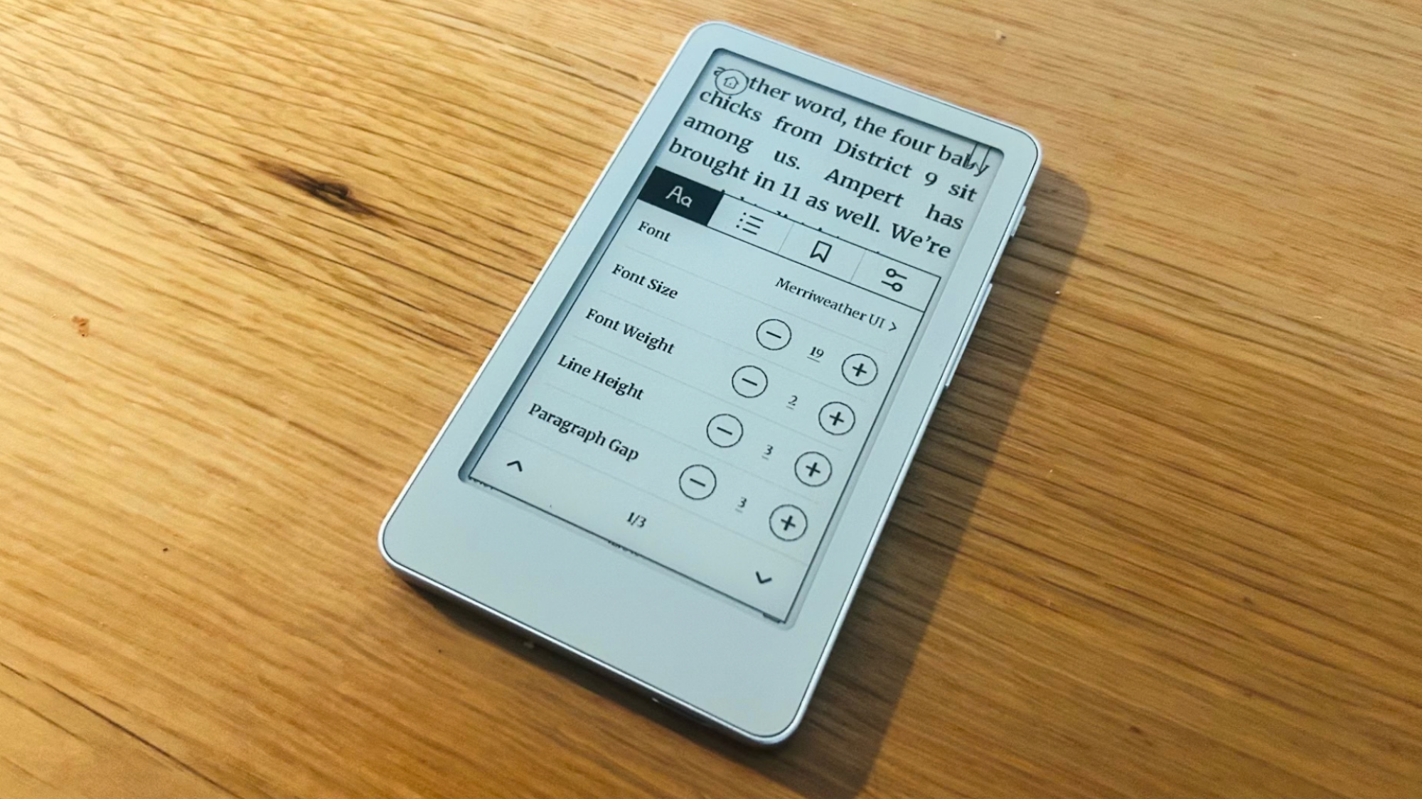 Boox Picco in-book options menu