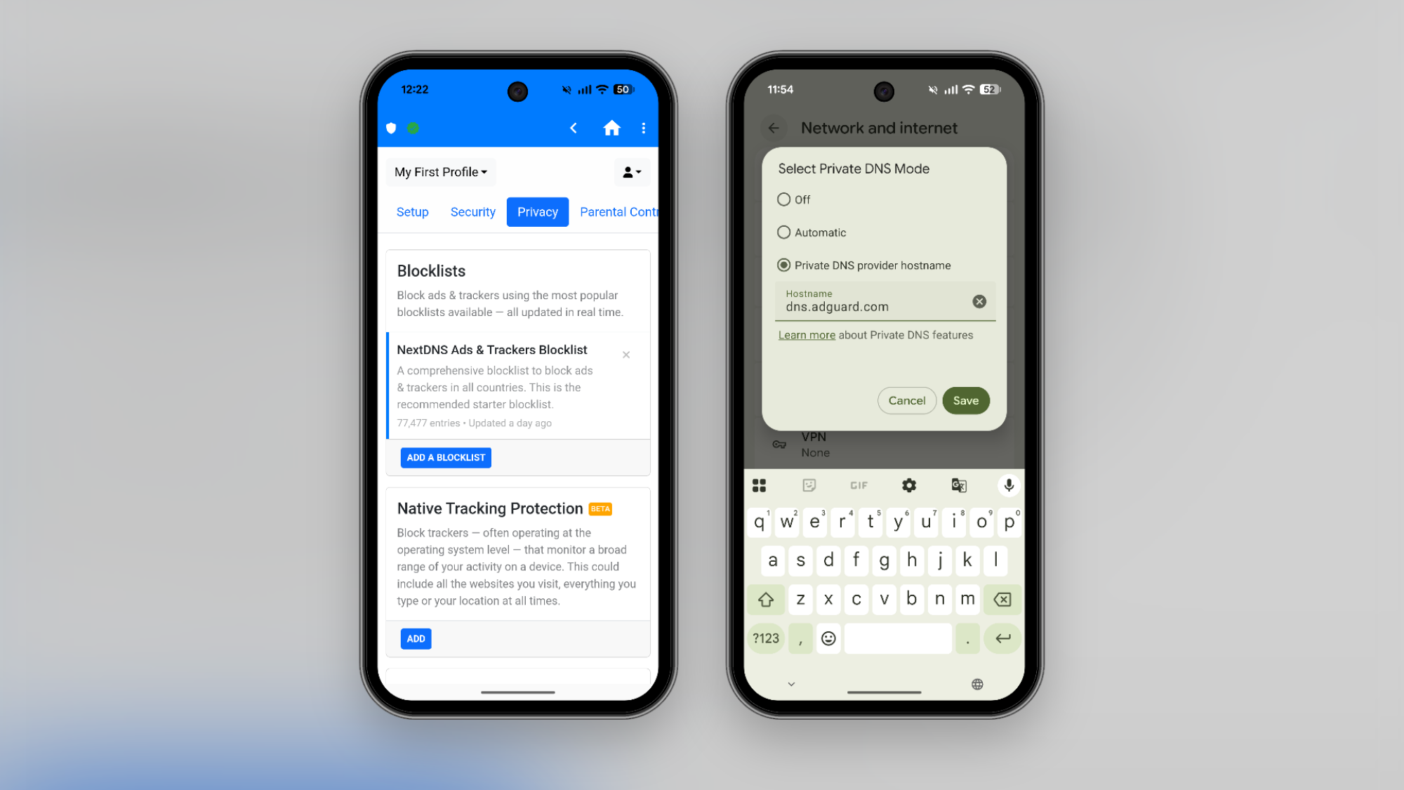 Private DNS features for ad blocking on Android.