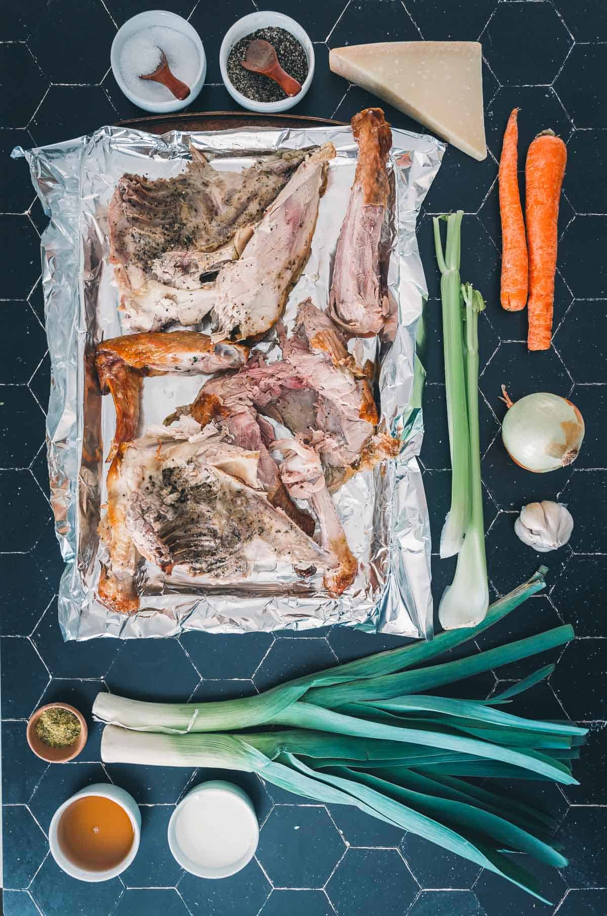 The ingredients for a leftover turkey soup recipe.