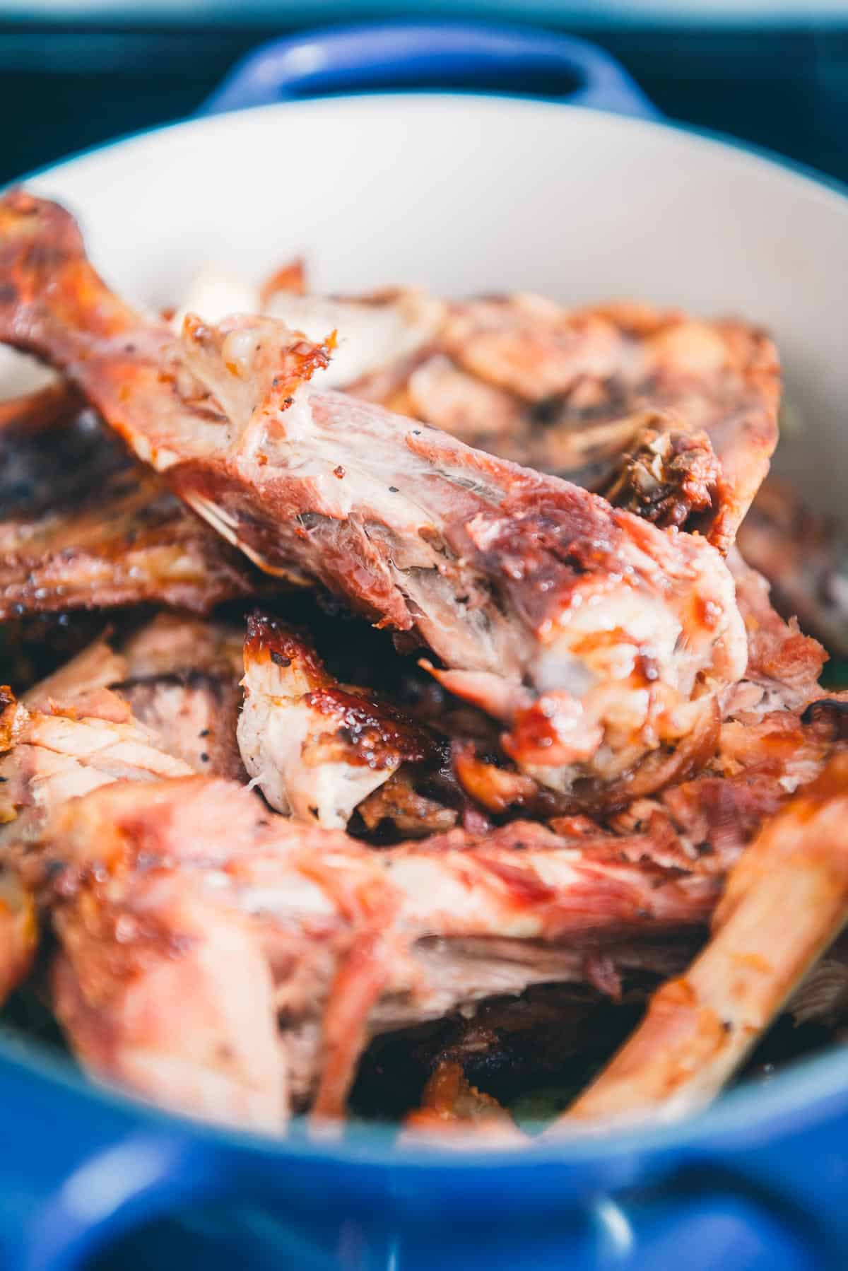 Turkey bones in a blue pot on a stove.