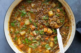 Lentil Potato Soup with Crunchy Seed Topping