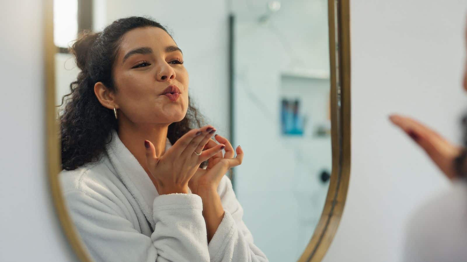 mirror and beauty with woman in bathroom for morning routine