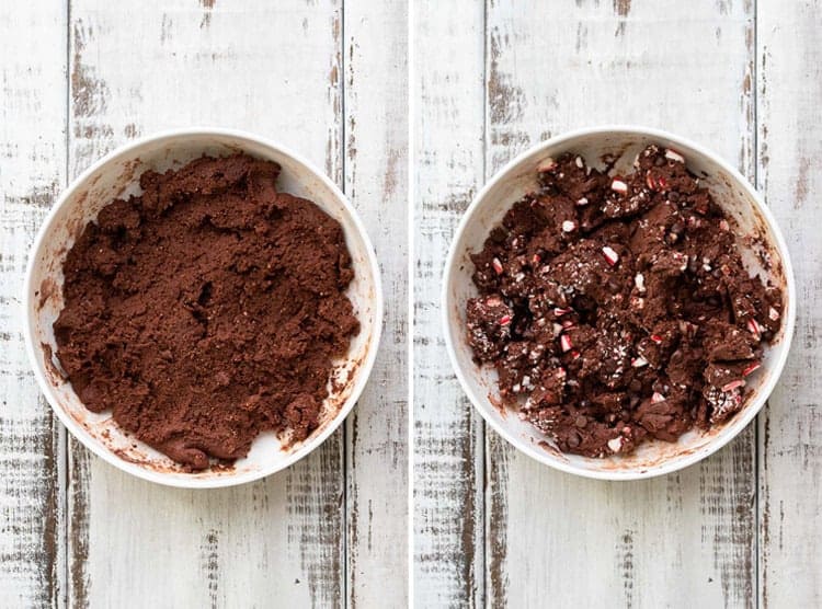 A festive vegan holiday treat made in only 5 minutes! These no bake chocolate peppermint balls even have a trick to keeping them whole food and healthy. #vegandessertrecipes #veganchristmas Collage with a white bowl filled with raw chocolate batter and raw chocolate batter with candy cane pieces