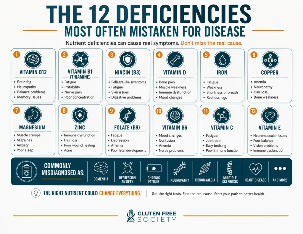 Medical infographic showing 12 nutrient deficiencies that can mimic disease symptoms including fatigue, neuropathy, dementia, fibromyalgia, depression, anxiety, and chronic fatigue.