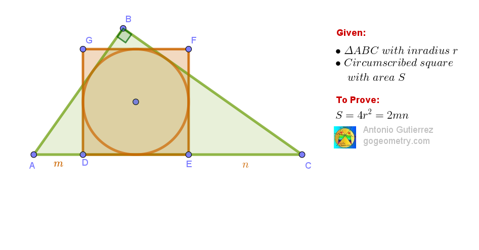 Illustration of Geometry Problem 1624: Right Triangle, Incircle, Circumscribed Square, Inradius, Area