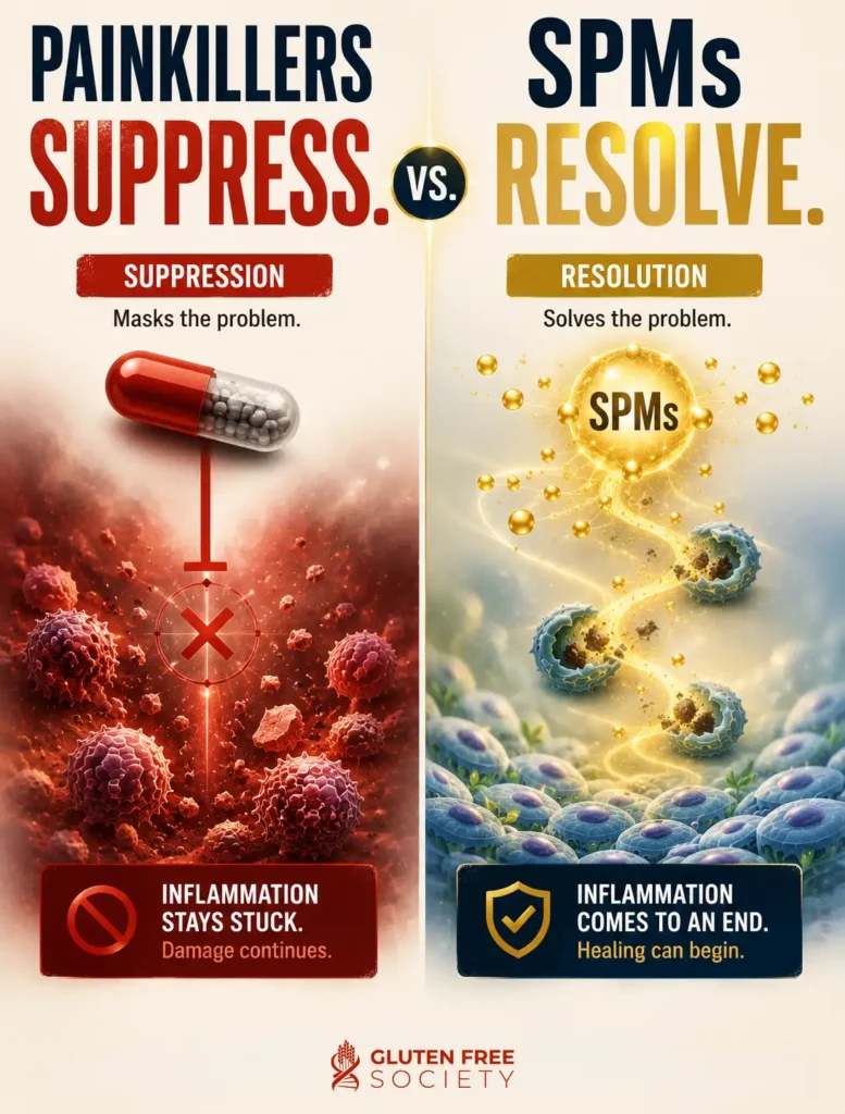 Comparison infographic showing how painkillers suppress inflammatory symptoms while SPMs support inflammation resolution, tissue repair, and recovery.