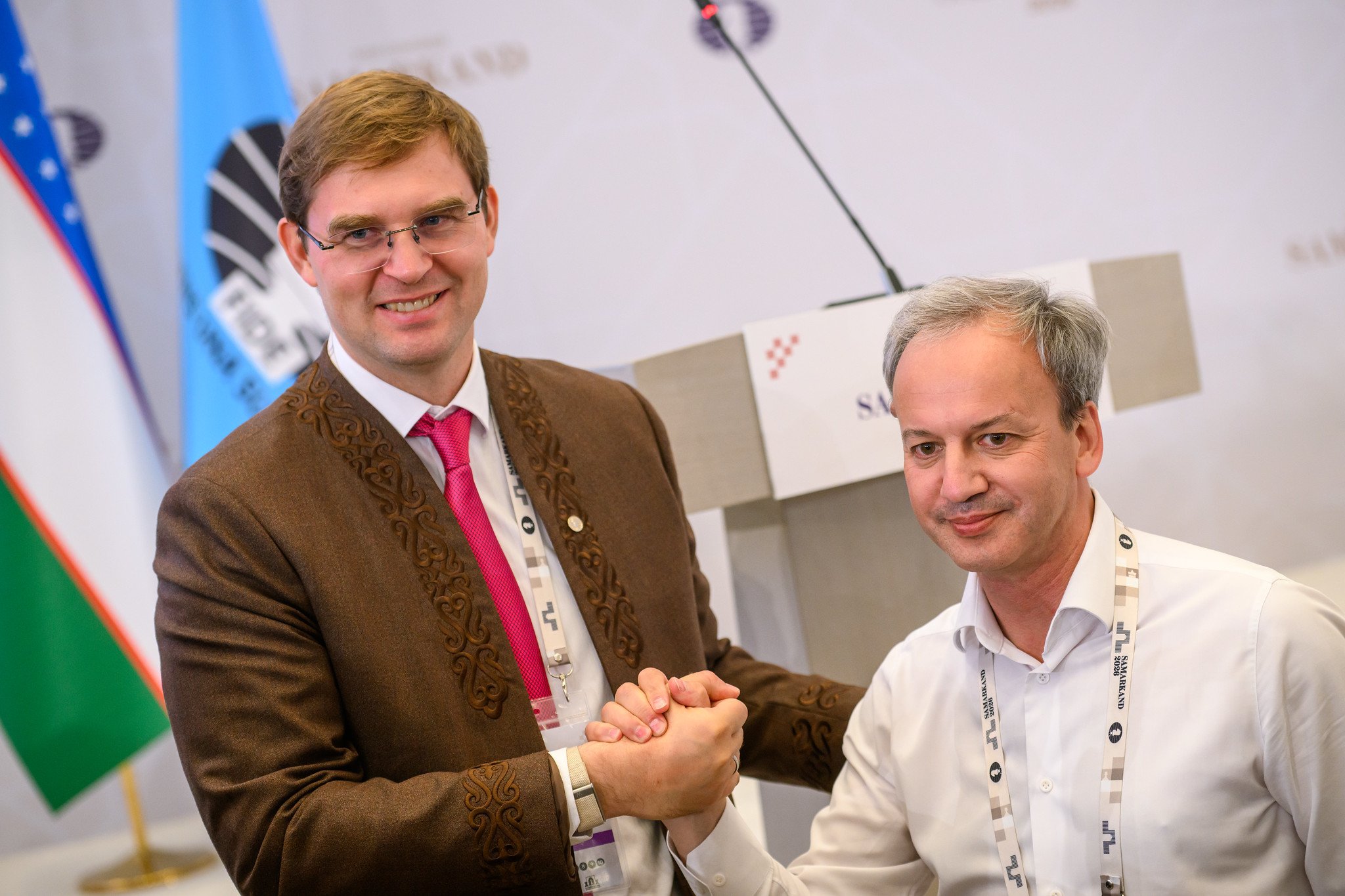 Former FIDE president Arkady Dvorkovich has been actively campaigning for Timur Turlov in Samarkand. Photo: Michal Walusza/FIDE.
