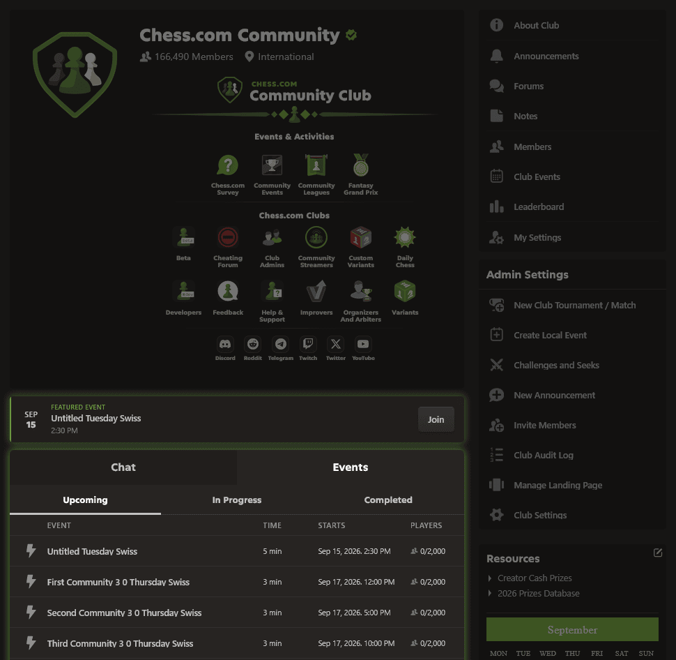 Club home page with events and chat being more prominent