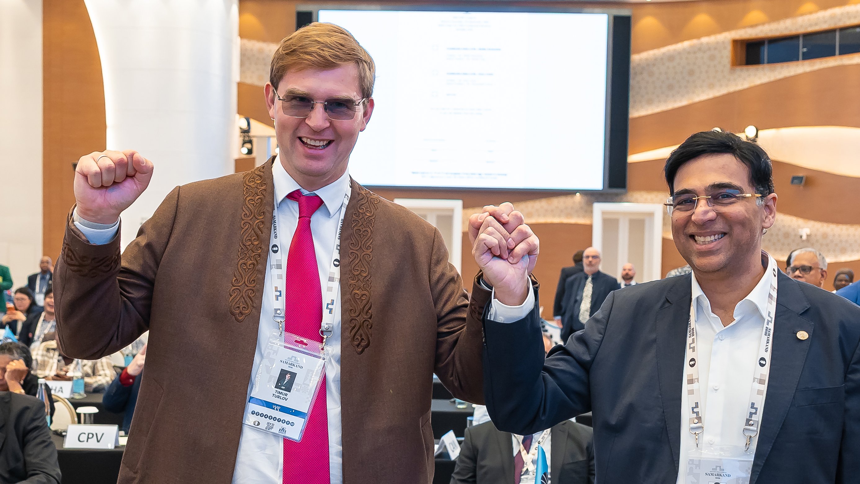 Timur Turlov and Viswanathan Anand. Photo: Michal Walusza/FIDE.