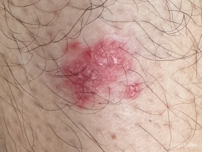 Localized psoriasis vulgaris on the lower leg, characterized by thickened red patches with flaky and silvery scales, worsening with scratching and warm water exposure