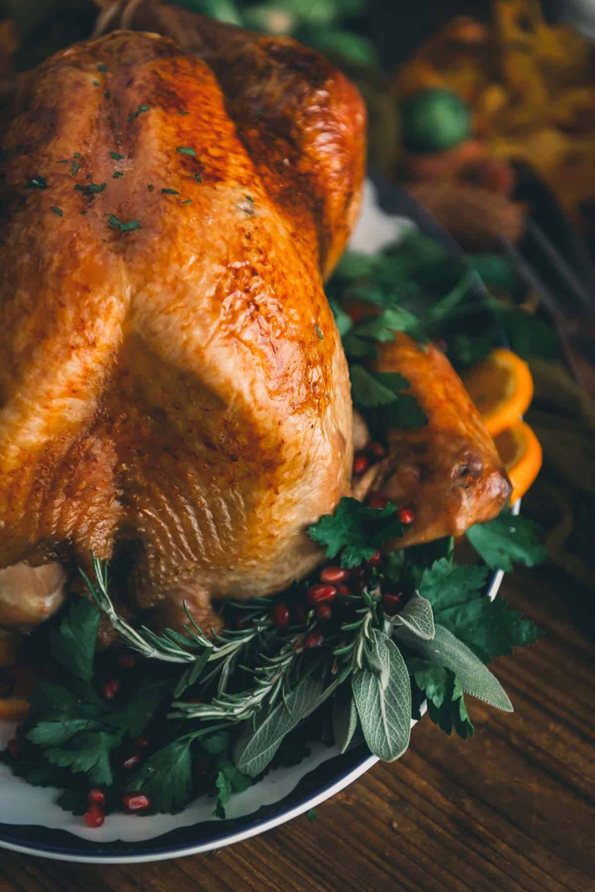 Beautiful cooked turkey on a platter. 