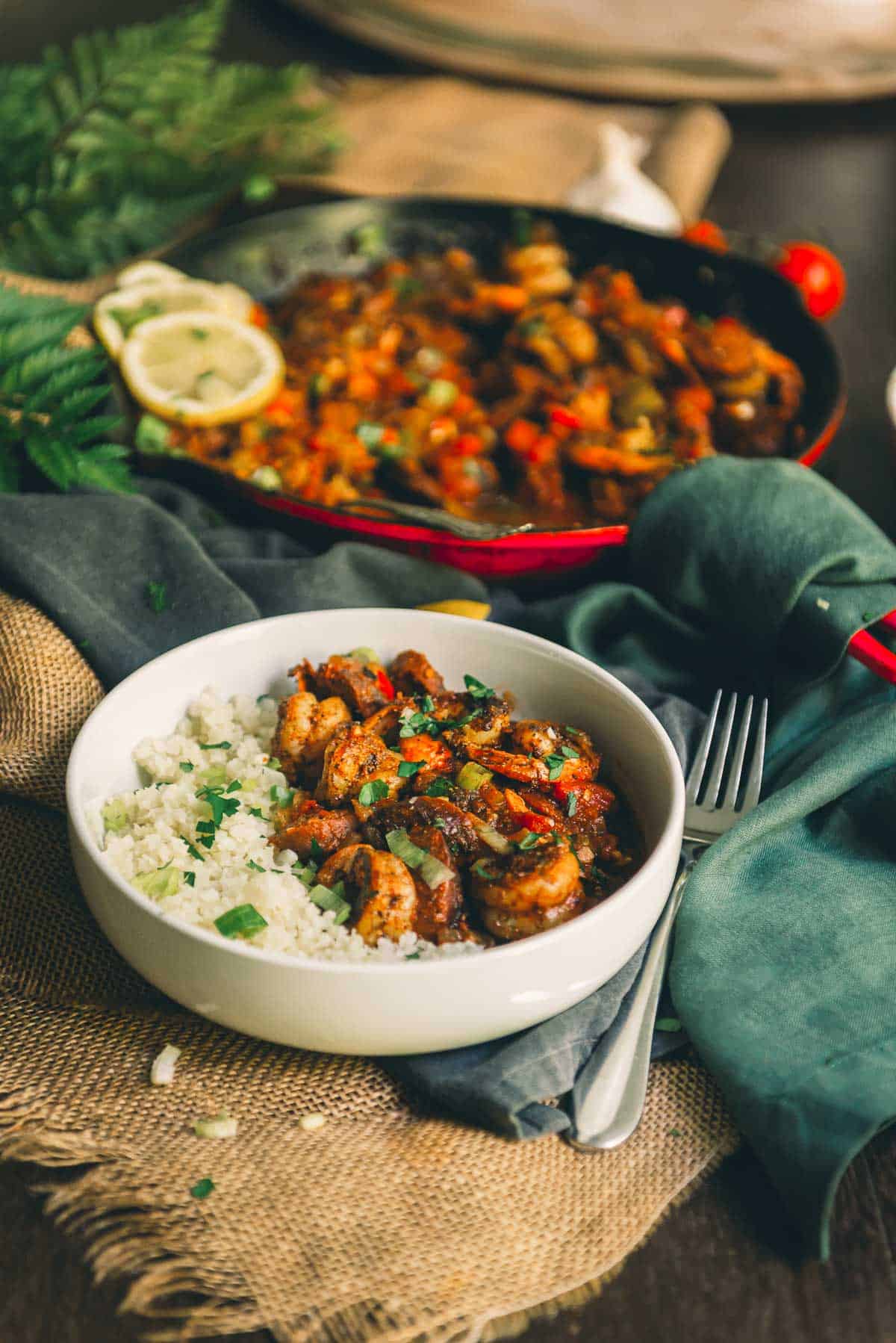 Bowl of shrimp creole with cauliflower rice. 