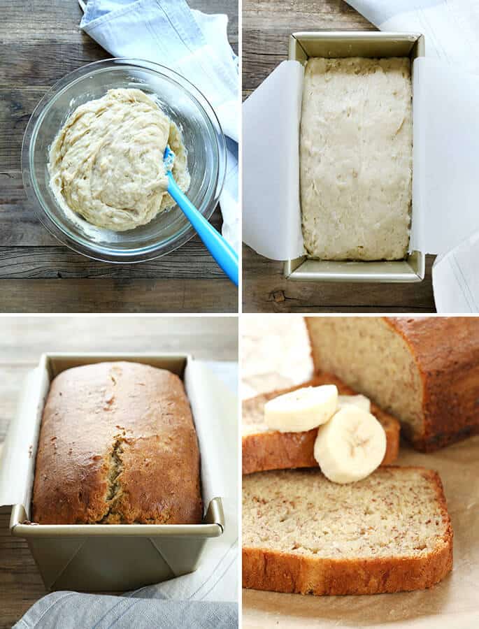 Raw light yellow gluten free banana bread batter in a glass mixing bowl, in the loaf pan, and baked and sliced