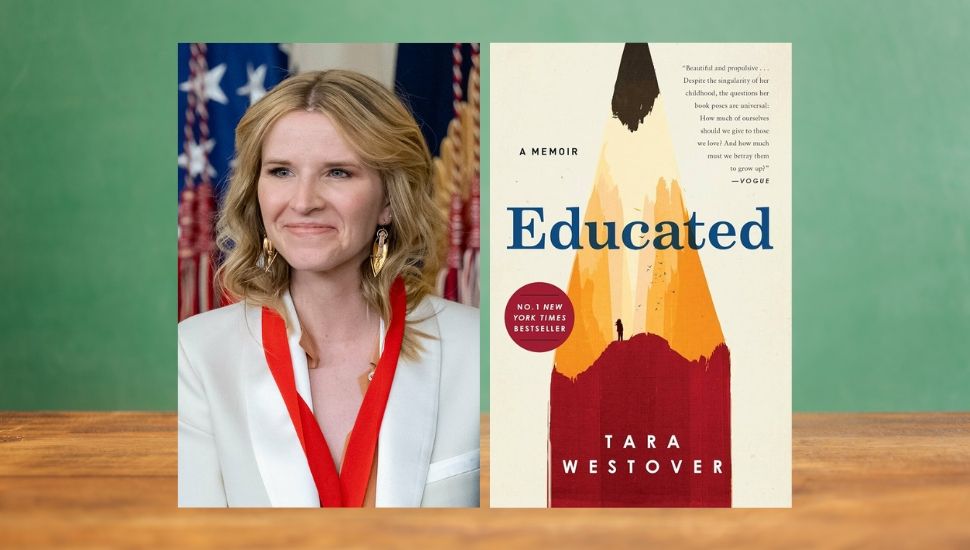 author Tara Westover next to the cover of her book Educated