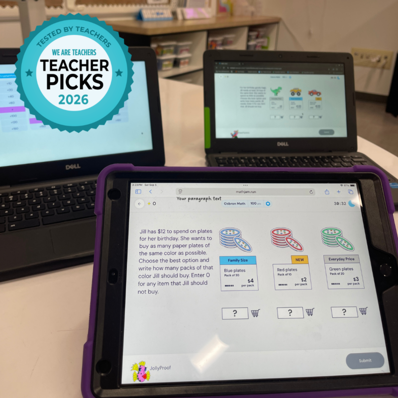 Math Jams problems shown on multiple screens for teacher review.