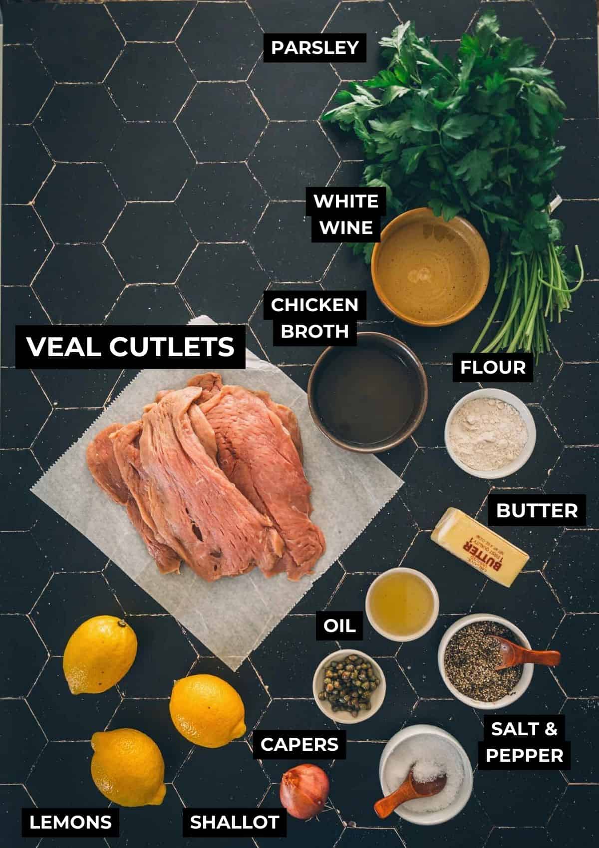 The ingredients for a recipe for veal piccata.