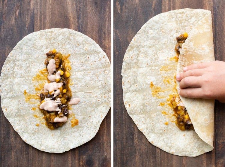 Fall takes on Mexican food like no other! These pumpkin enchiladas will knock your socks off. So flavorful and easy to make, with a perfect creamy twist. #vegan #plantbased #veganmexicanfood #easyveganrecipes Collage of tortilla with enchilada filling being rolled up
