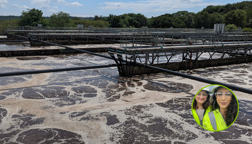 Sewage treatment works with an image inset of Sejal Wadhia, Business Operations Manager and Zarqa Khan, Junior Project Manager in the Immunisation & Vaccine Preventable Diseases Division (IVPD)