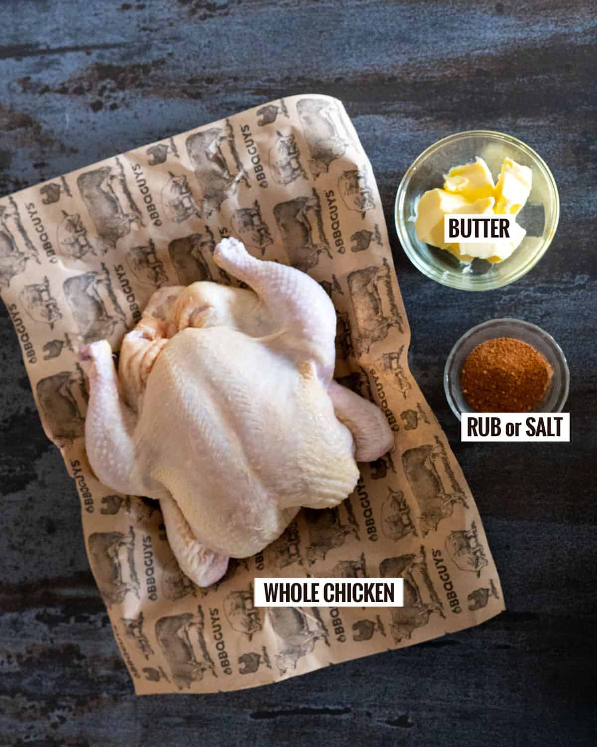 grilled whole chicken ingredients: whole chicken, butter, rub.