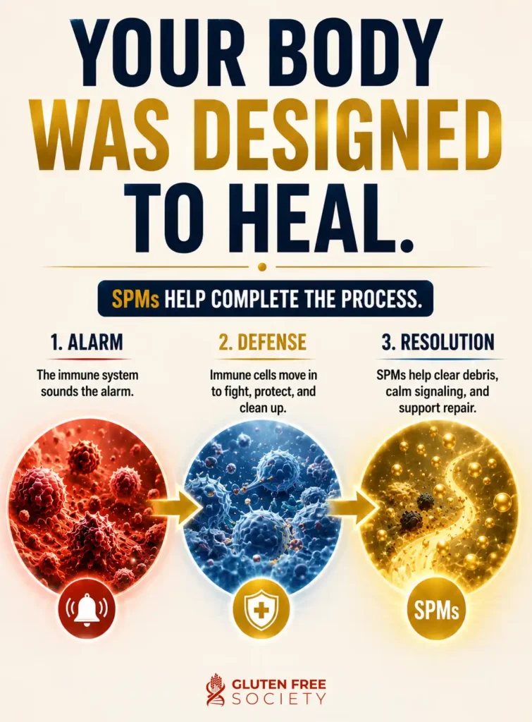 SPM infographic showing the three stages of healing: alarm, defense, and resolution. Specialized pro-resolving mediators help resolve inflammation, clear cellular debris, and support tissue recovery.