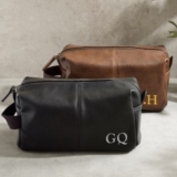 Personalised Mens Leather Wash Bag, Travel Toiletry Bag Black/Brown