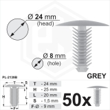 50 x Grey Plastic Fir Tree Trim Clips 8mm Hole, 24mm Head Car Fasteners lining