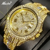 Luxury Iced out Gold Diamond Watch Hip Hop Bling Round Face Waterproof Baguette