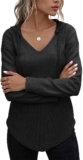 Yutdeng Women’s Hoodie Long Sleeve Tops Waffle Knit Sweatshirt V M, Black