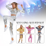 Shiny PU Metallic Cropped Holographic Hoodies Long Sleeve Sweatshirt Or Pants