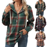 Womens Hoodies Button V Neck Checked Hooded Sweatshirts Pullover Loose Tops @