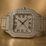 Men’s Luxury Iced Out Roman Numeral Watch Silver Fully Diamond Bling Hip Hop