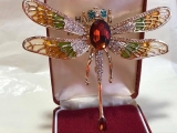 Large Vintage Style Jewellery Enamel Amber Crystal DRAGONFLY Statement Brooch