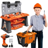 65 PCS Pretend Play 2-in-1 Workbench & Rolling Toolbox Toy Tool Set Power Drill