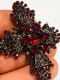 Gothic Red Crystal Black Maltese Cross Brooch Shawl Pin Vintage Style Jewellery