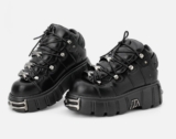 🔥NEW**ROCK TOWER SHOES Metallic Black Leather Biker Gothic Boots UK 2025