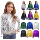 UK Kids Girls Sparkle Sequins Bomber Jacket Coat Hip Hop Jazz Dance Tops Outwear