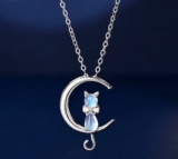 Women Moonstone Cat Pendant Chain Necklace 925 Sterling Silver Jewellery Gift UK