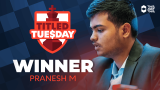 Pranesh Wins Titled Tuesday Photo Finish Over Carlsen